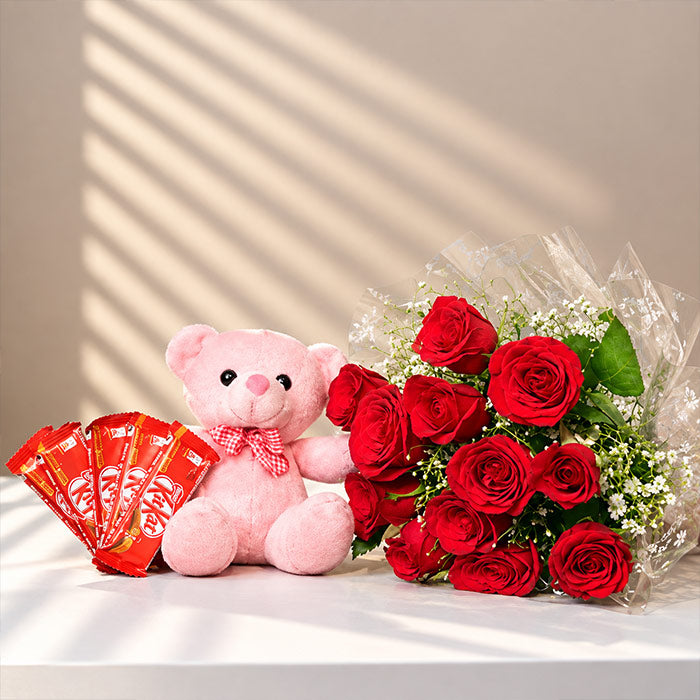 12 Red Roses with 5 KitKat Chocolates & 6 Inch Teddy Gift Combo