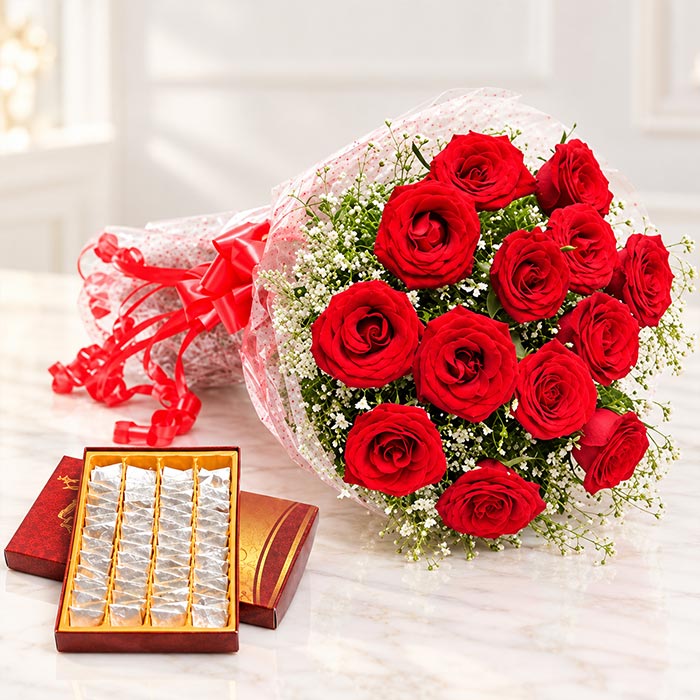 12 Red Roses with 500g Kaju Katli Gift