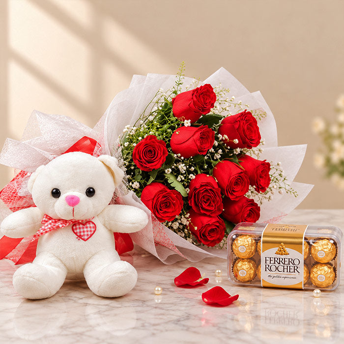 12 Red Roses with 6 Inch Teddy & 16 Ferrero Rocher Box