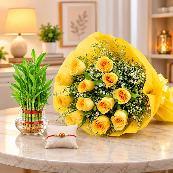 12 Yellow Roses Bouquet with 2 Layer Lucky Bamboo Plant