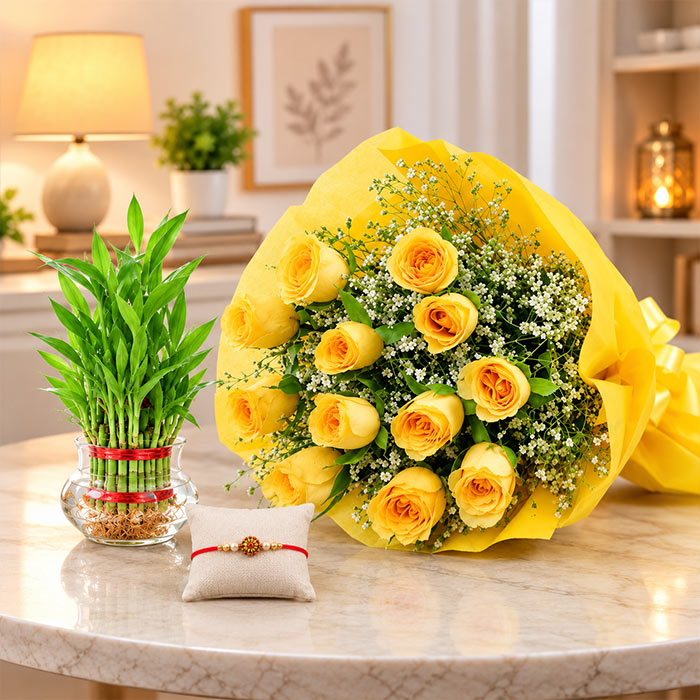 12 Yellow Roses Bouquet with 2 Layer Lucky Bamboo Plant