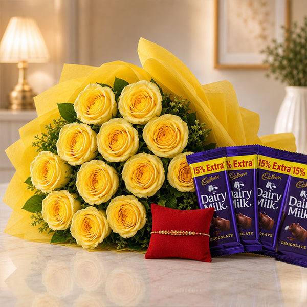 12 Yellow Roses with 5 Dairy Milk Chocolates & Rakhi