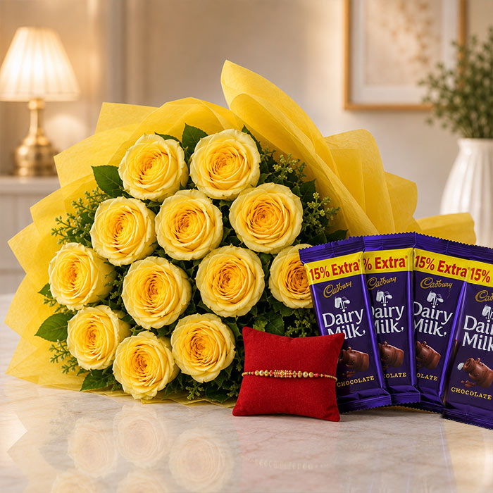 12 Yellow Roses with 5 Dairy Milk Chocolates & Rakhi