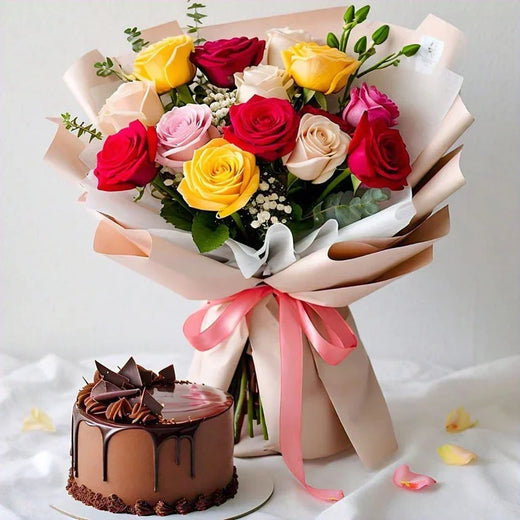 Bouquet of mixed roses with a chocolate cake, ideal for birthday or anniversary gifts.