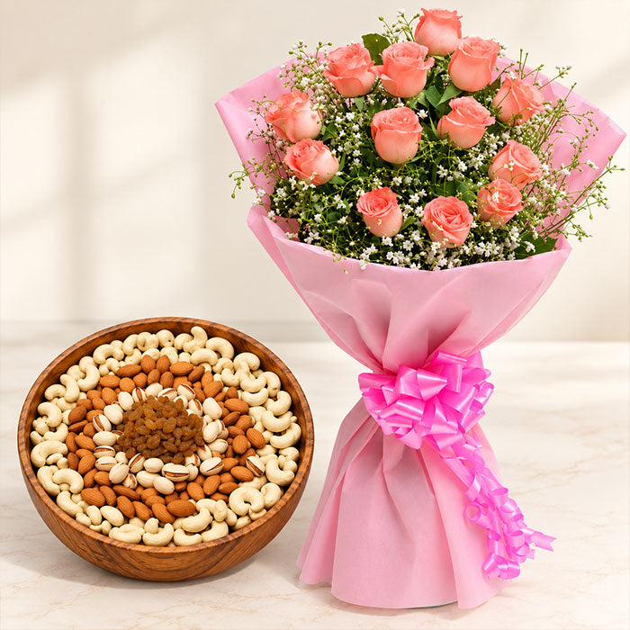 15 Pink Roses Bouquet with Mixed Dry Fruits Cane Basket