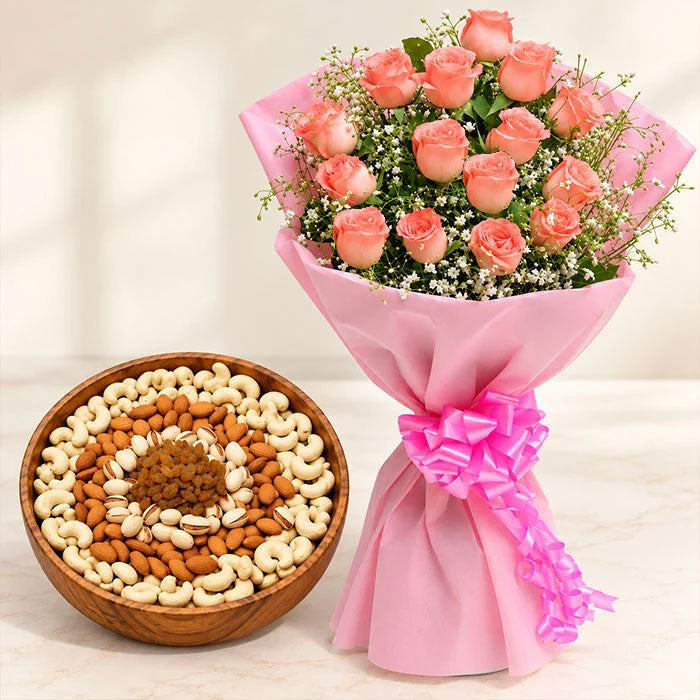 15 Pink Roses Bouquet with Mixed Dry Fruits Cane Basket