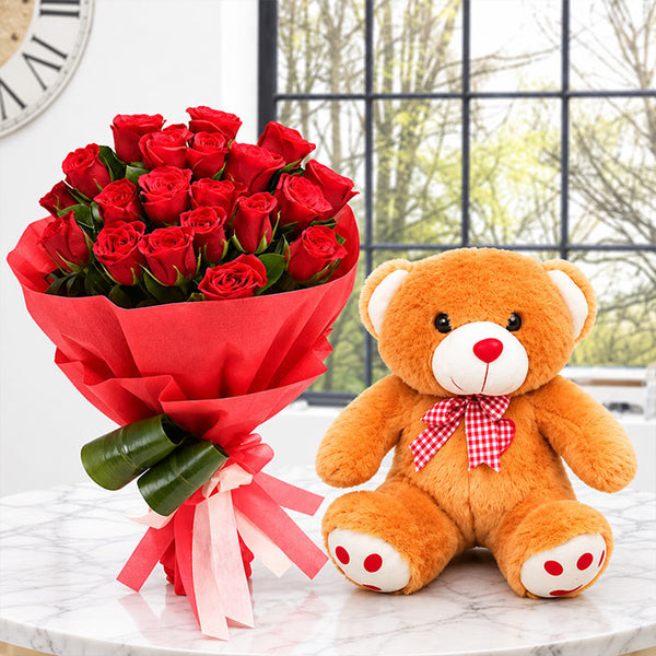15 Red Roses Bouquet with 12-Inch Teddy