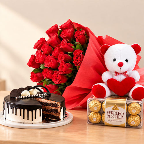 15 Red Roses, Teddy, Cake & Ferrero Combo | OyeGifts Online Gift Delivery
