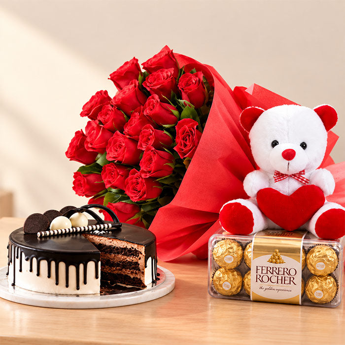 15 Red Roses, Teddy, Cake & Ferrero Combo | OyeGifts