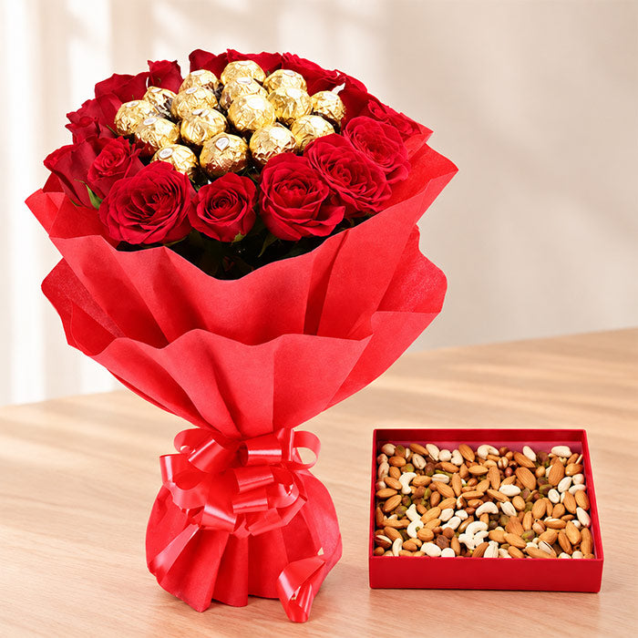 16 Red Roses Ferrero Rocher Dry Fruits Gift