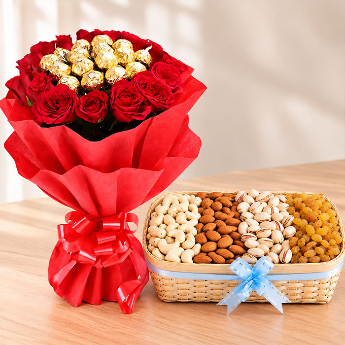 16 Red Roses Ferrero Rocher Dry Fruits Gift