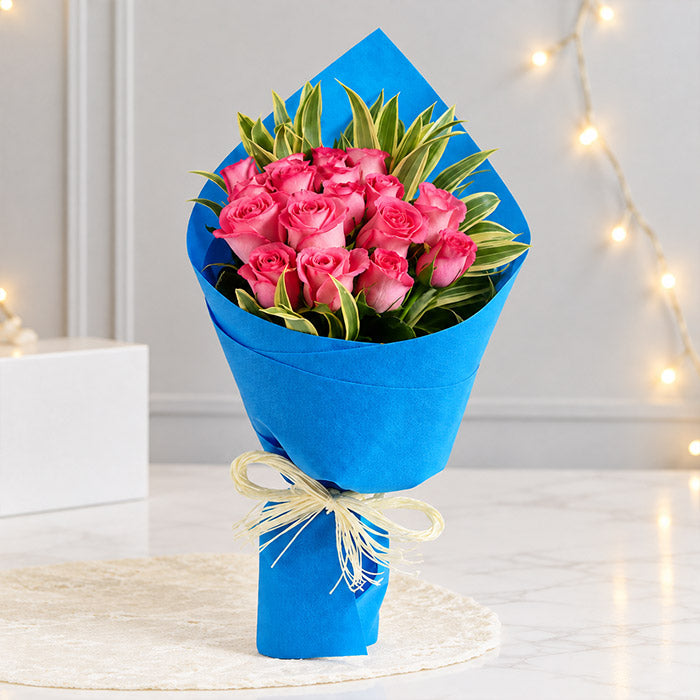 17 Pink Rose Bouquet in Blue Paper Packing