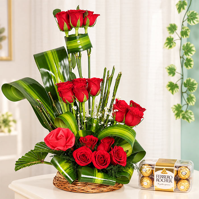18 Red Roses Basket Arrangement with 16 Ferrero Rocher Chocolates
