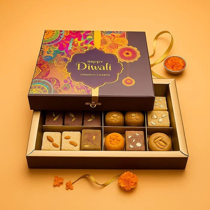 Box of assorted sweets with a Diwali-themed lid on an orange background