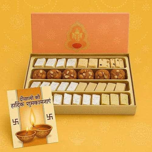 Assorted Indian sweets gift box with Diwali greeting card 