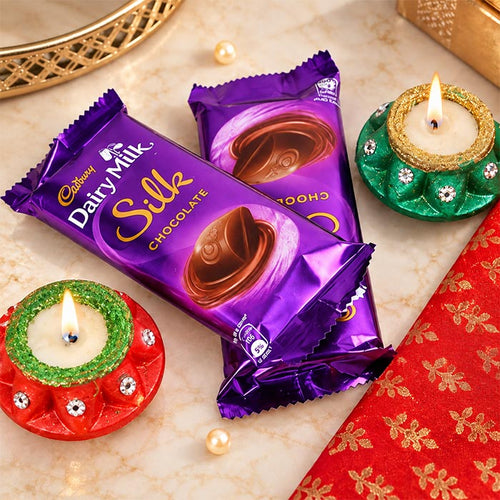 2 Diwali Diyas with 2 Dairy Milk Silk Chocolates Gift Set