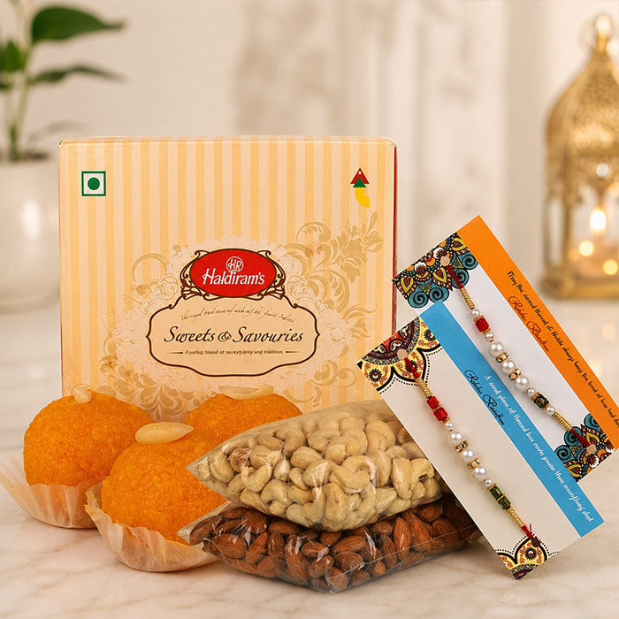 2 Pearl Rakhi Set with Dry Fruits & Motichoor Laddoo Hamper