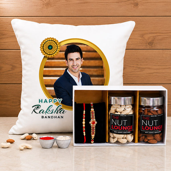 2 Pearl Rakhis With Personalised Cushion Combo