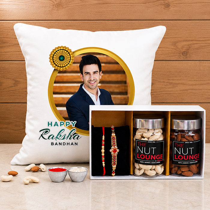 2 Pearl Rakhis With Personalised Cushion Combo
