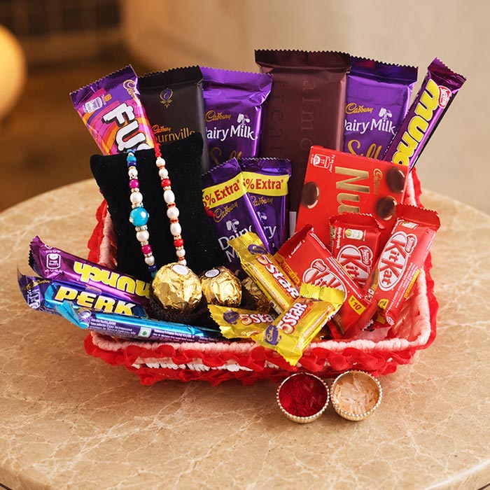 2 Pearl Rakhis with Premium Chocolate Gift Basket