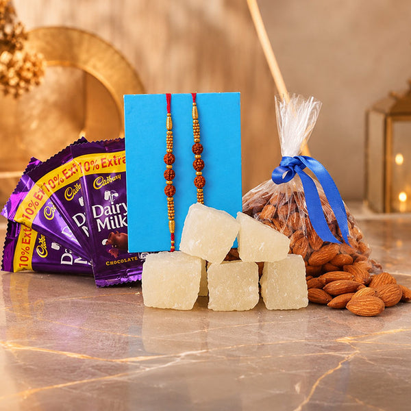 2 Rakhi Set with Dairy Milk Chocolates, Petha & Almonds Hamper