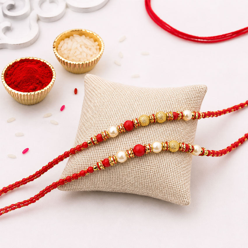 2 Golden and Red Beaded Designer Pearl Rakhis