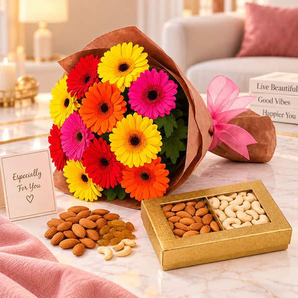 20 Mix Color Gerberas Bouquet with 500g Mixed Dry Fruits