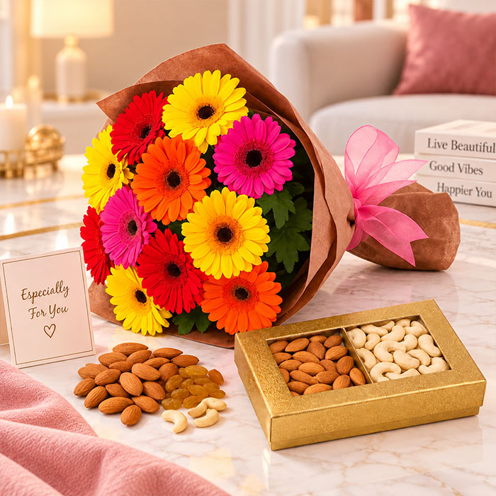 20 Mix Color Gerberas Bouquet with 500g Mixed Dry Fruits