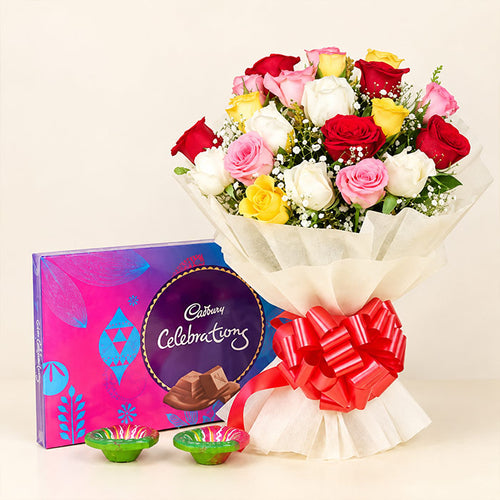 20 Mixed Roses with Cadbury Celebrations & Diyas