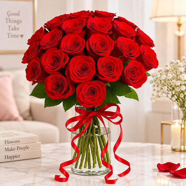 20 Red Roses Bouquet in Glass Vase with Red Ribbon