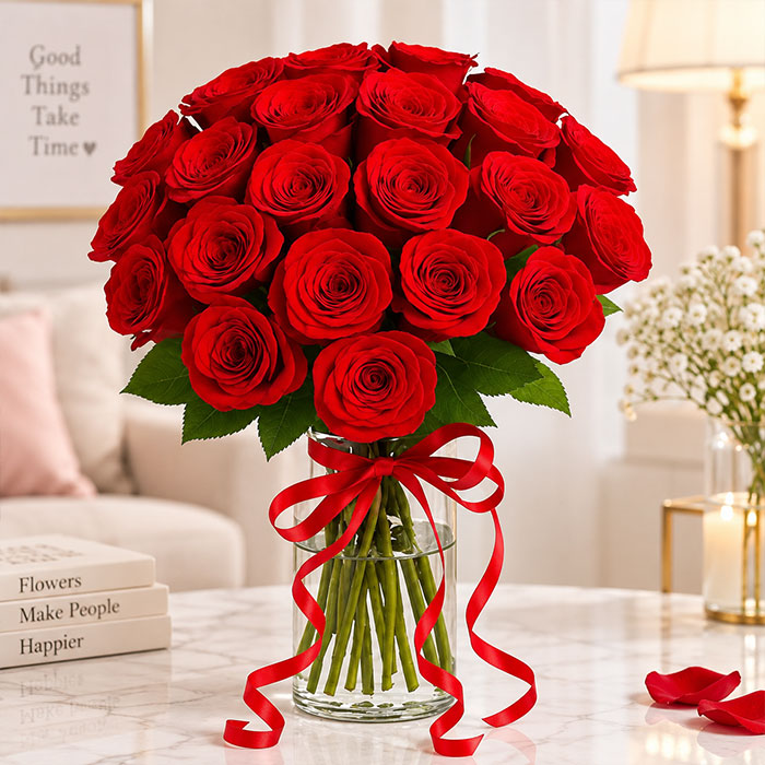 20 Red Roses Bouquet in Glass Vase with Red Ribbon