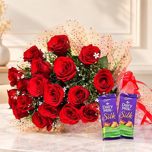20 Red Roses Bouquet with Dairy Milk Silk Chocolates