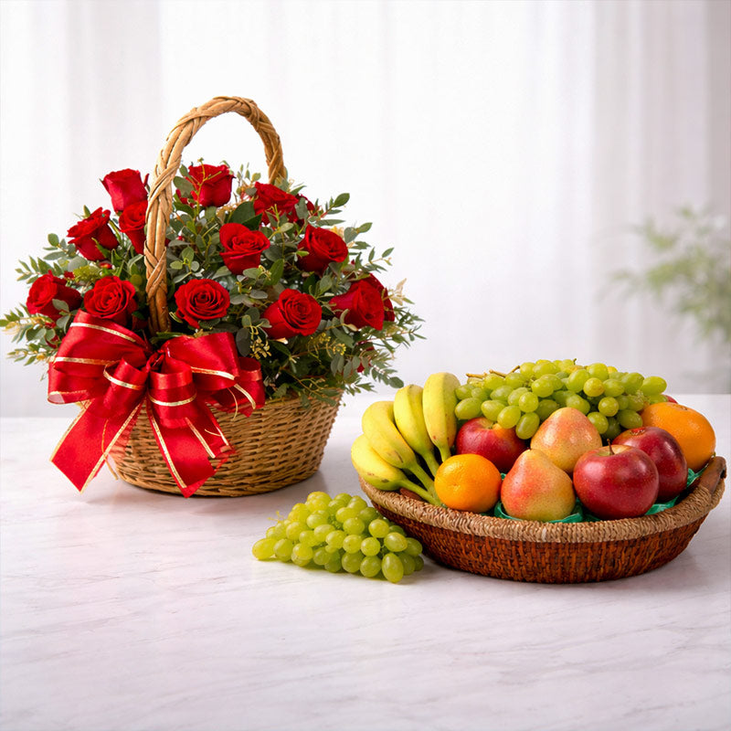 20 Red Roses Arrangement with Fruits