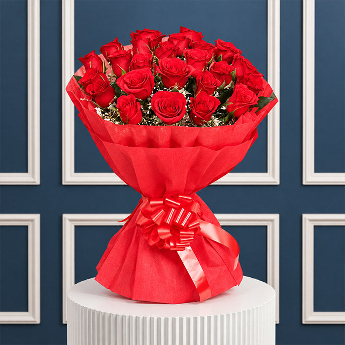 24 Red Roses Hand Tied Bouquet in Red Wrapping