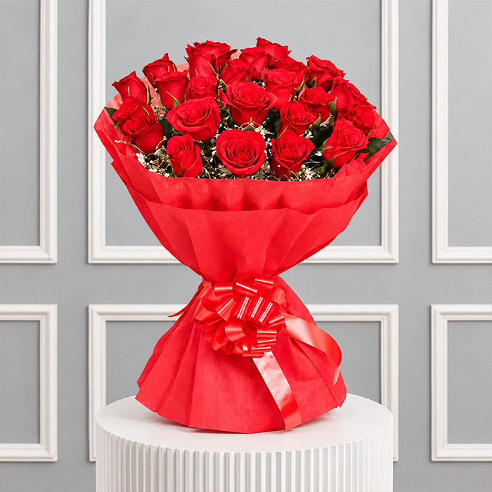 24 Red Roses Hand Tied Bouquet in Red Wrapping