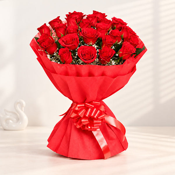 24 Red Roses Hand Tied Bouquet in Red Wrapping