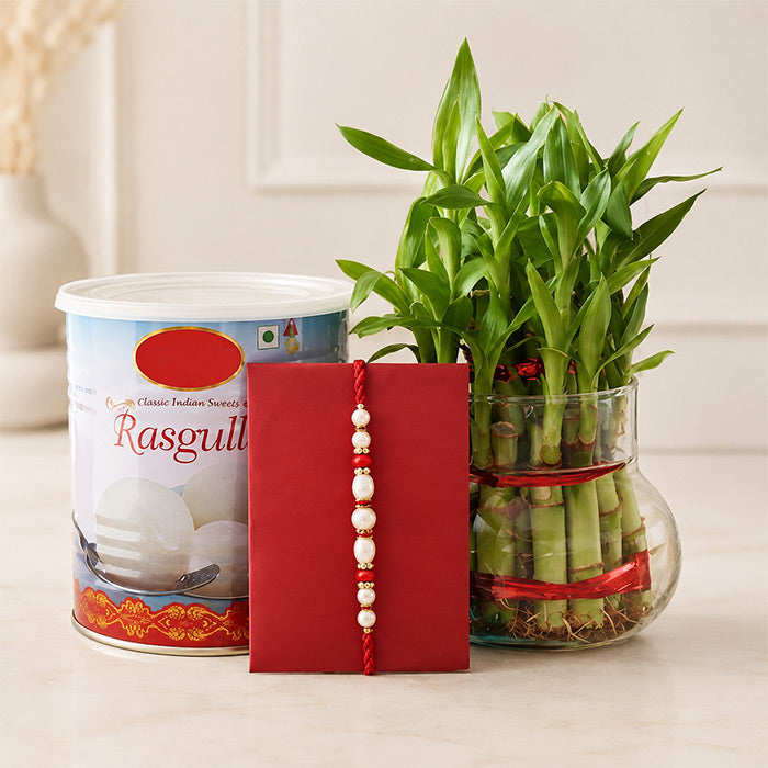 3 Layer Lucky Bamboo Plant with 1 Kg Rasgulla & Elegant Rakhi