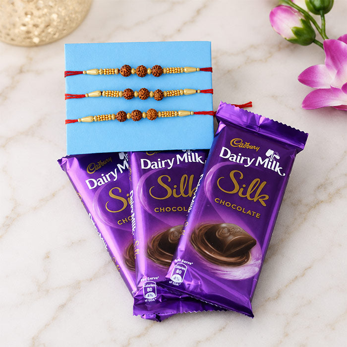 3 Rakhi Set with Dairy Milk Silk Chocolates & Roli Chawal