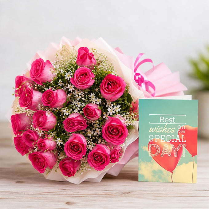 30 Pink Roses Bouquet with Greeting Card | OyeGifts