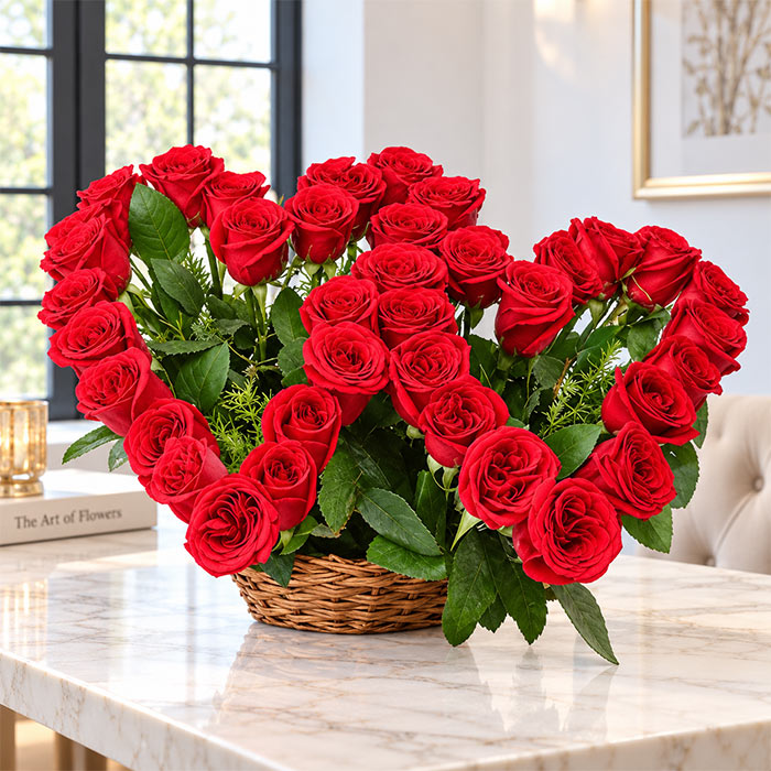 37 Red Roses Heart-Shaped Cane Basket Arrangement