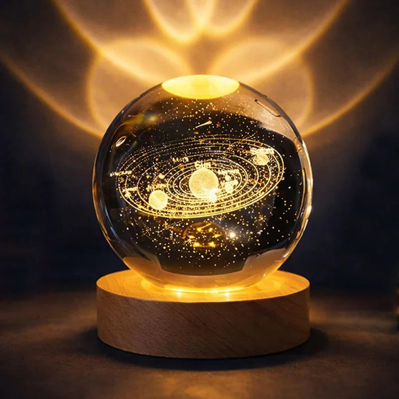 3D Crystal Solar System Night Lamp with Wooden LED Base