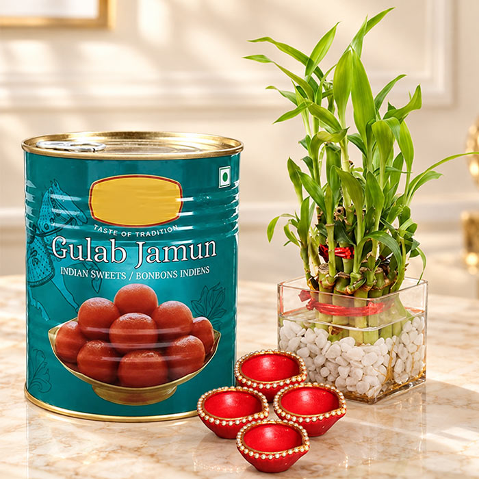 4 Diyas with Gulab Jamun & Lucky Bamboo