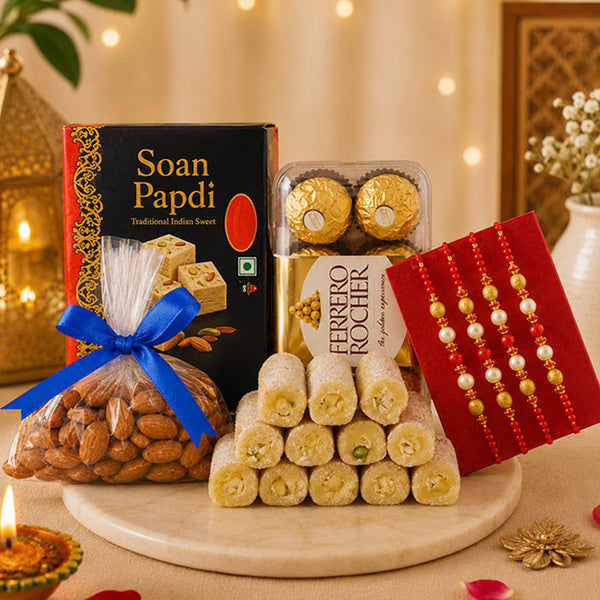4 Rakhi Festive Hamper with Ferrero Rocher, Kaju Roll & Almonds