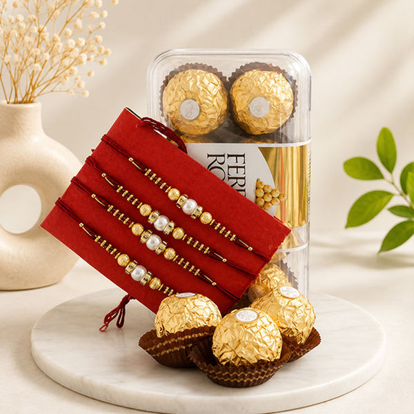 4 Rakhi Set with 16 Ferrero Rocher Chocolates and Roli Chawal
