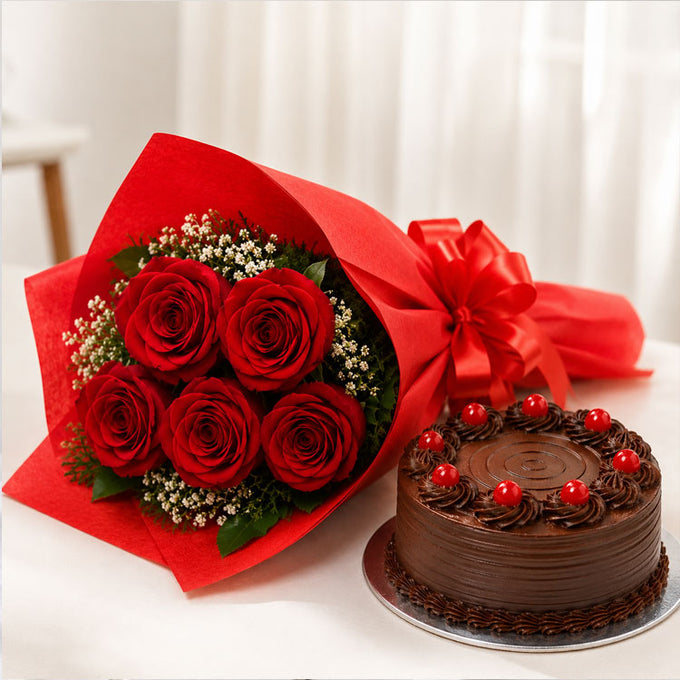 5 Red Roses Bouquet with Truffle Cake - Flower Delivery in GiftsGhaziabad