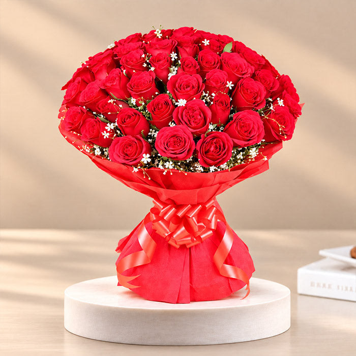 50 Fresh Red Roses Hand Tied Bouquet