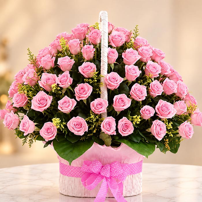 50 Pink Roses Basket with Gypsophila Arrangement