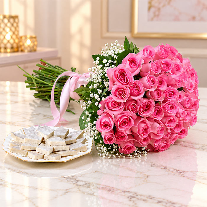 50 Pink Roses Bouquet with Half Kg Kaju Katli Box