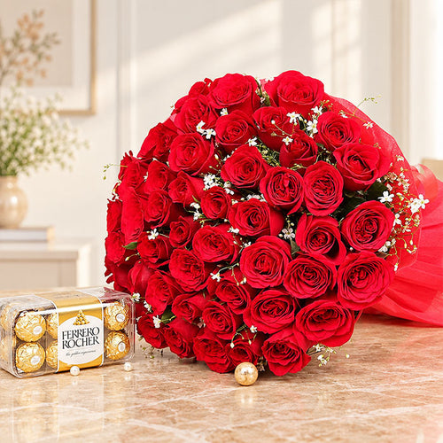 50 Red Roses Bouquet with 16 Ferrero Rocher Chocolates
