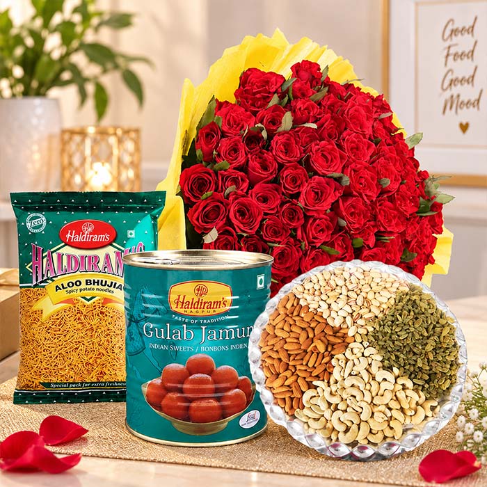 50 Red Roses with Dry Fruits & Gulab Jamun